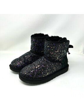 UGG Classic Mini Bow Cosmos Black/Purple Glitter/Sheepskin Boots 1107073 Women 6